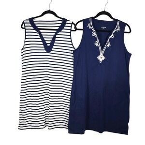 Lands End Womens Navy Blue White Striped Embroidered Cover‎ Up Dress Set M 10-12